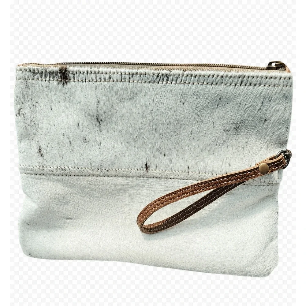 Myra Bag Genuine Hair-on Hide Patchwork Wristlet Clutch Brown White Studded NEW